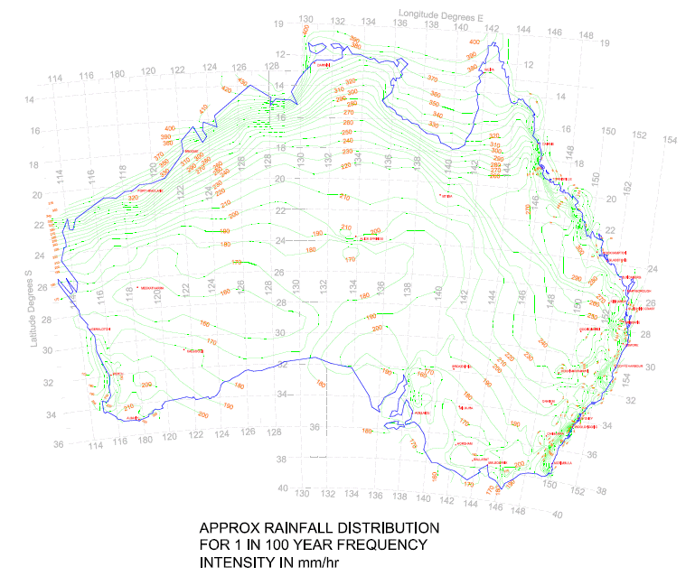 1 in 100 year Intensity rainfall Map of Australia